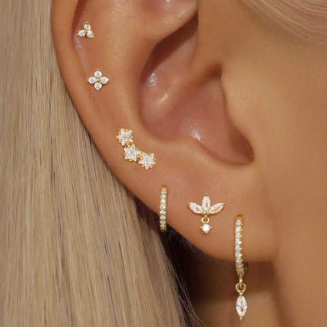 طقم أقراط أذن أحادية الجانب مرصعة بالزيركون - 6 قطع